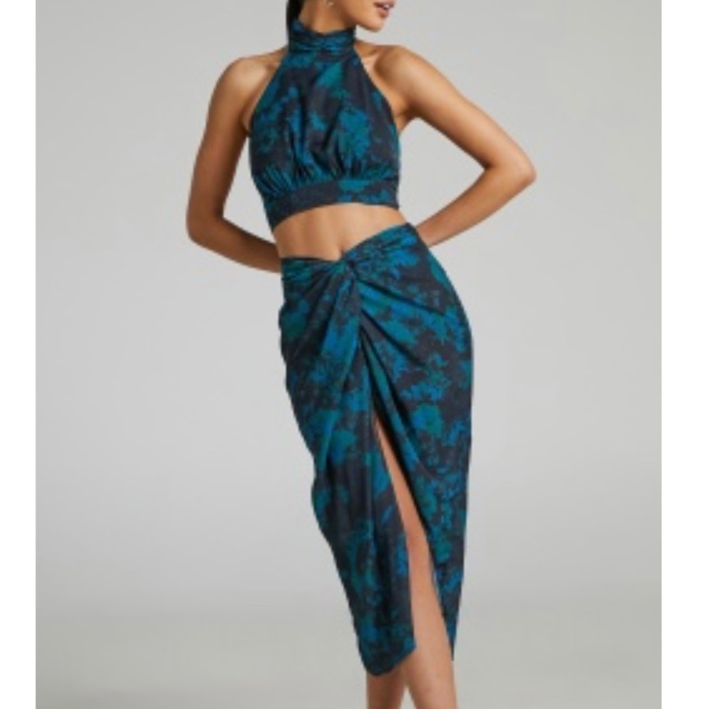 ShowPo MIRSKI HIGH NECK HALTER TOP + TWIST FRONT MIDI SKIRT 2 PIECE SET IN JEWEL